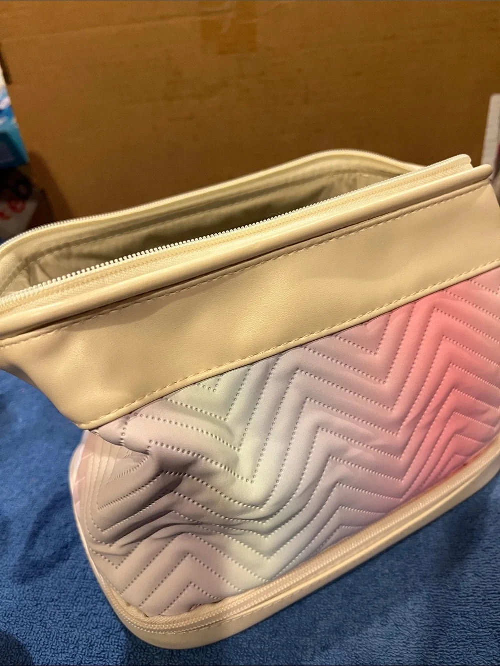 Quilted Chevron Pastel Ombre Travel Cosmetic Bag - Cream Pink